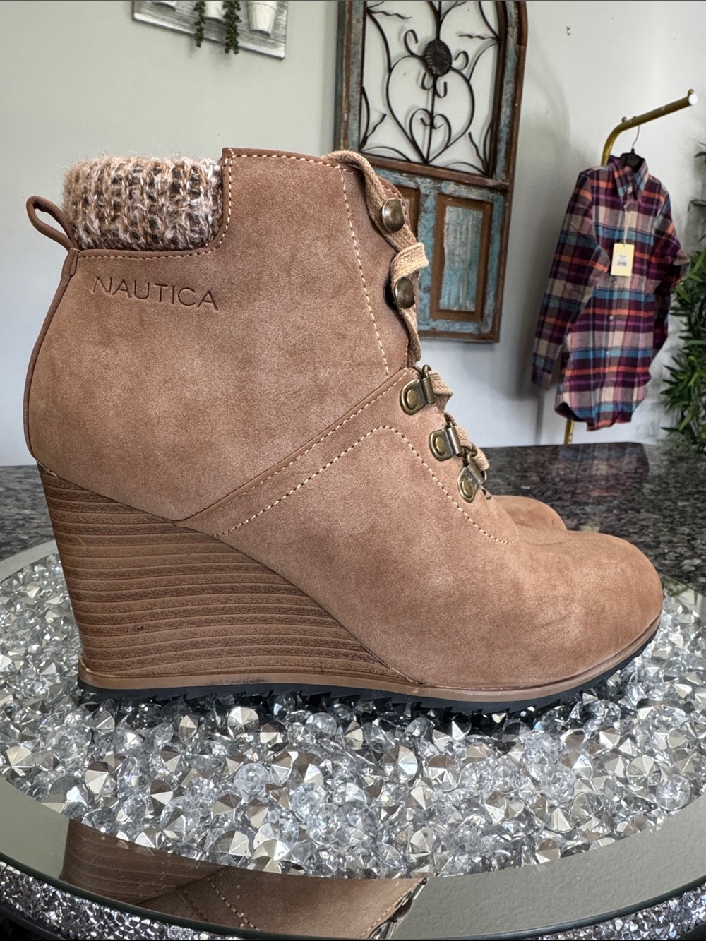 Nautica Brown Suede-Look Lace-Up Wedge Ankle Boots with sweater cuff